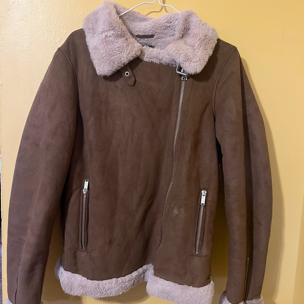 Boohoo Brown Bomber Jacket with Cream Accents Faux Suede